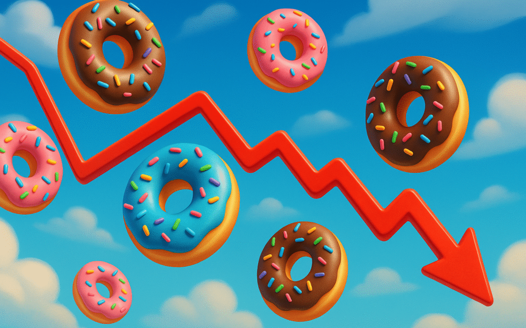 Animated Pixar-style illustration of donuts falling from the sky with a red stock chart line plunging downward in the background.